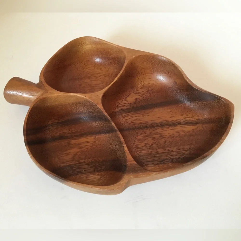 Vintage Hand Carved Leaf Shape Monkey Pod Divided Dish